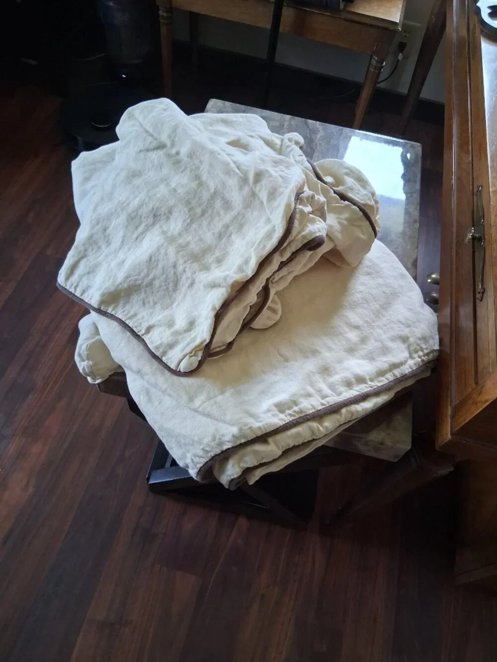 BNWT Quince European Linen Piped Duvet Cover Set White Oat Espresso Full Queen